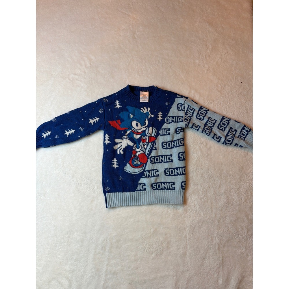 Sonic the Hedgehog Kids Blue Snowboard Knit Sweater SEGA XS Holiday Crewneck
